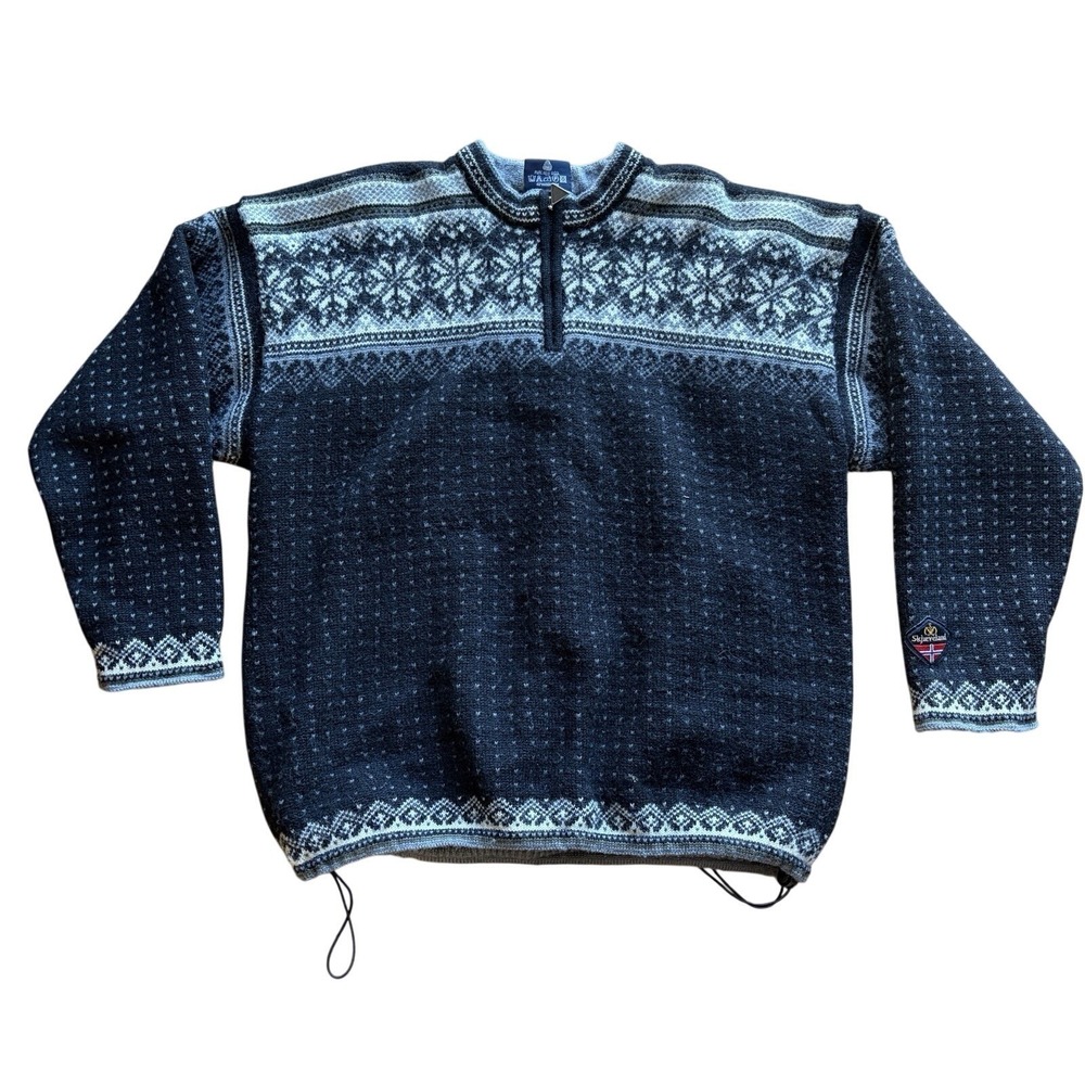 Skjaeveland Wool Sweater Men 2XL Norway Made Nordic Fair Isle Quarter Zip Black